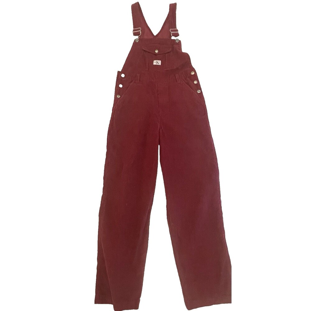 Vtg Calvin Klein Bib Overalls Carpenter Women Burgundy Corduroy L 100%Cotton 90s